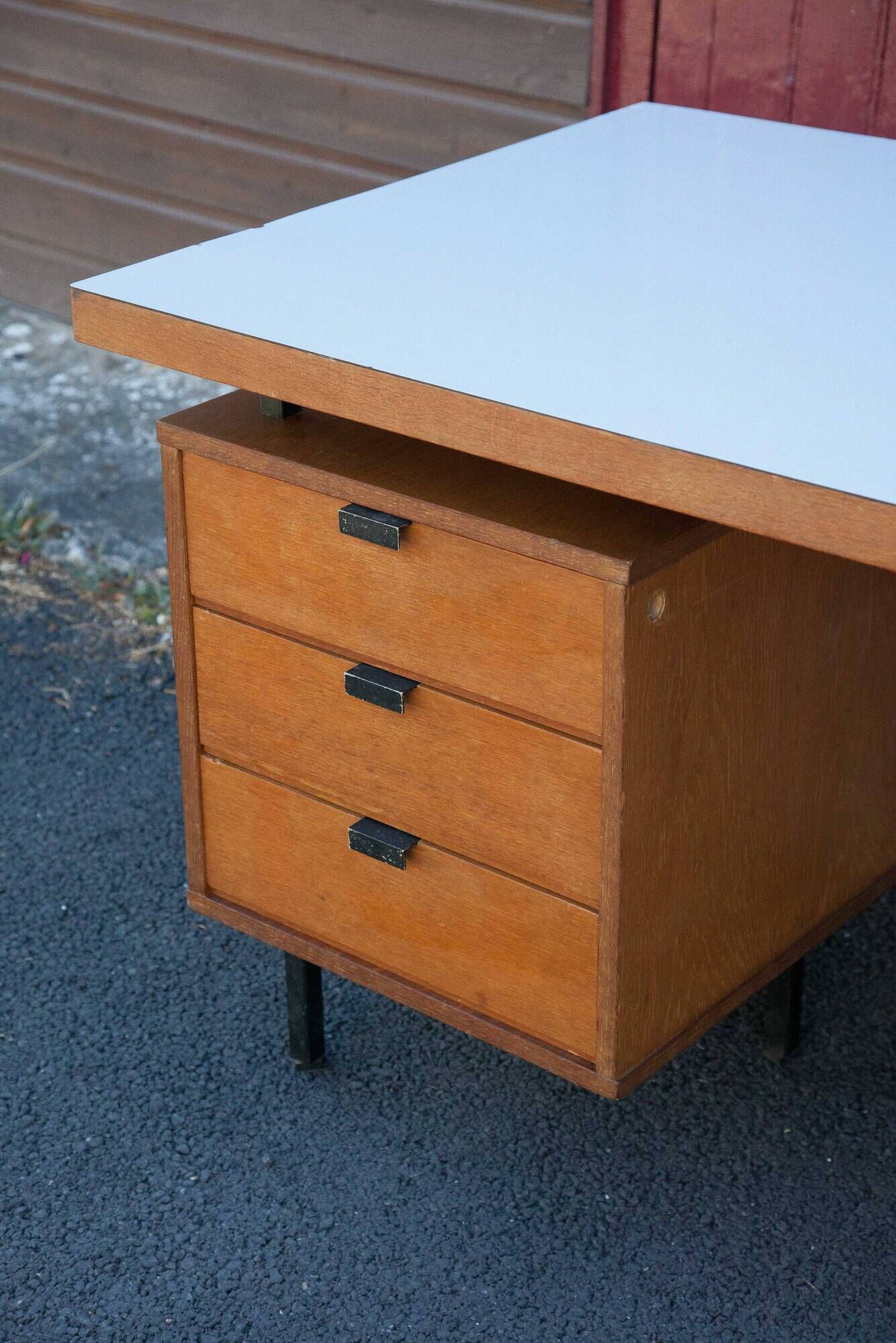 Wood desk and black metal structure with melamine top, Charron Edition, large office 2 boxes