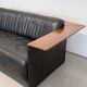 Vintage Black Leather Loveseat with Cantilevered Walnut Tray Arms