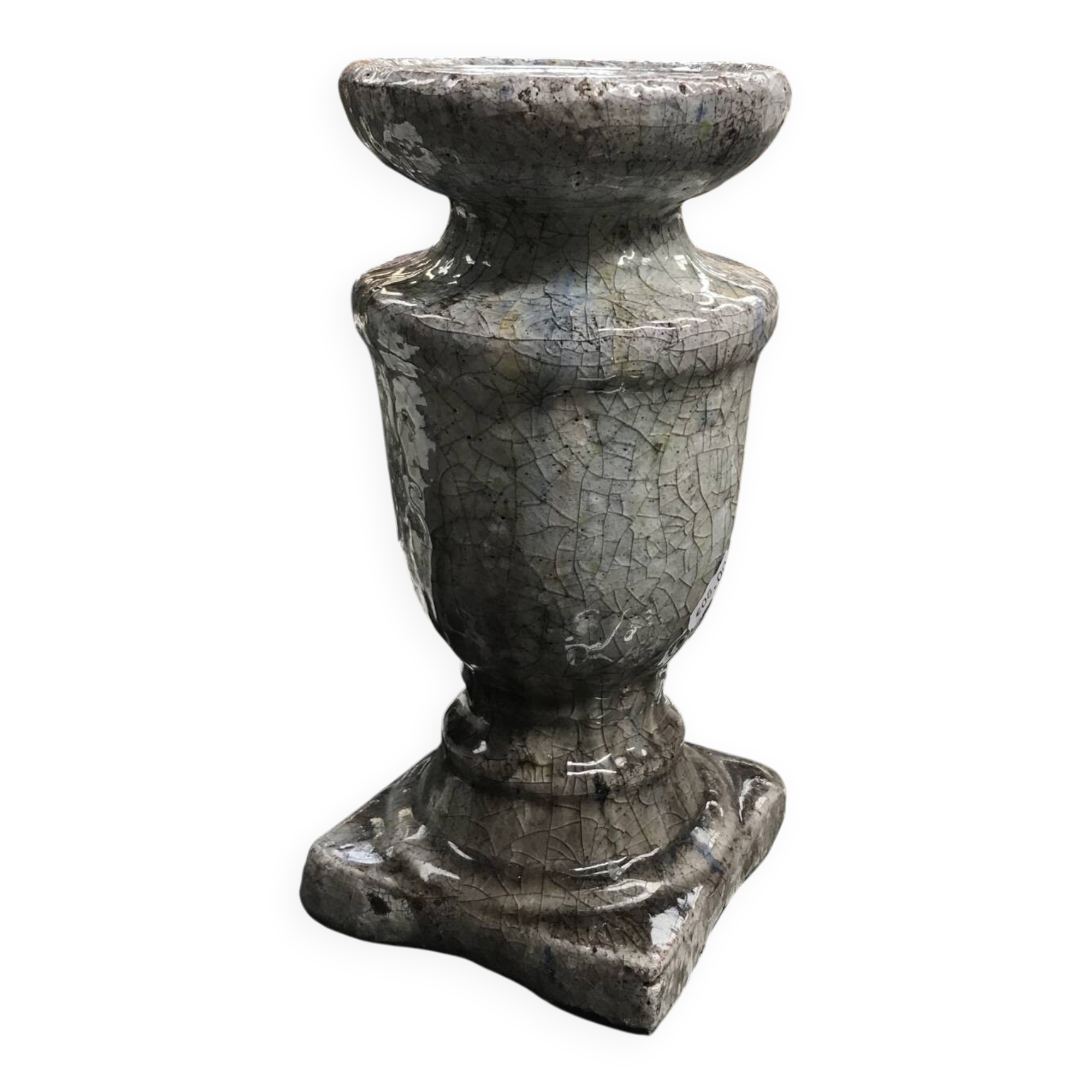 Ceramic candle holder in "Raku" style, blue-grey crackled.