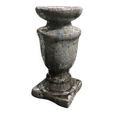 Porte bougie en céramique type « Raku », craquelé gris bleu