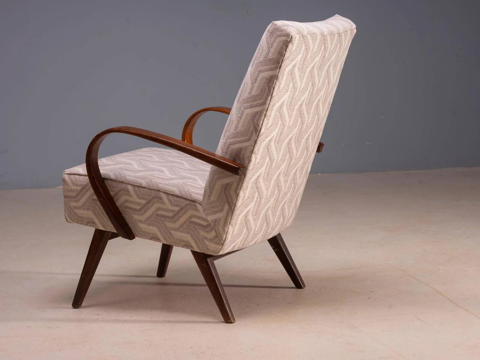 Restored bentwood armchairs by Jaroslav Šmídek, pair, Czechoslovakia, new beige patterned upholstery, 61 × 82 × 81 cm