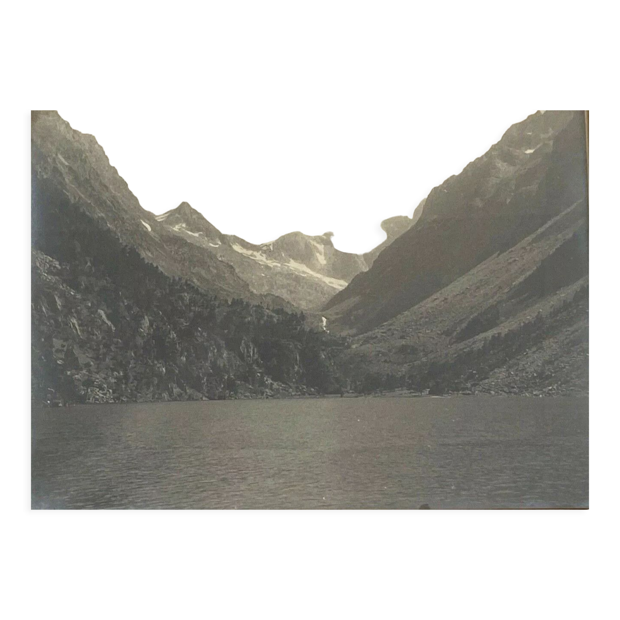 Photo in black and white mountain lake in golden frame