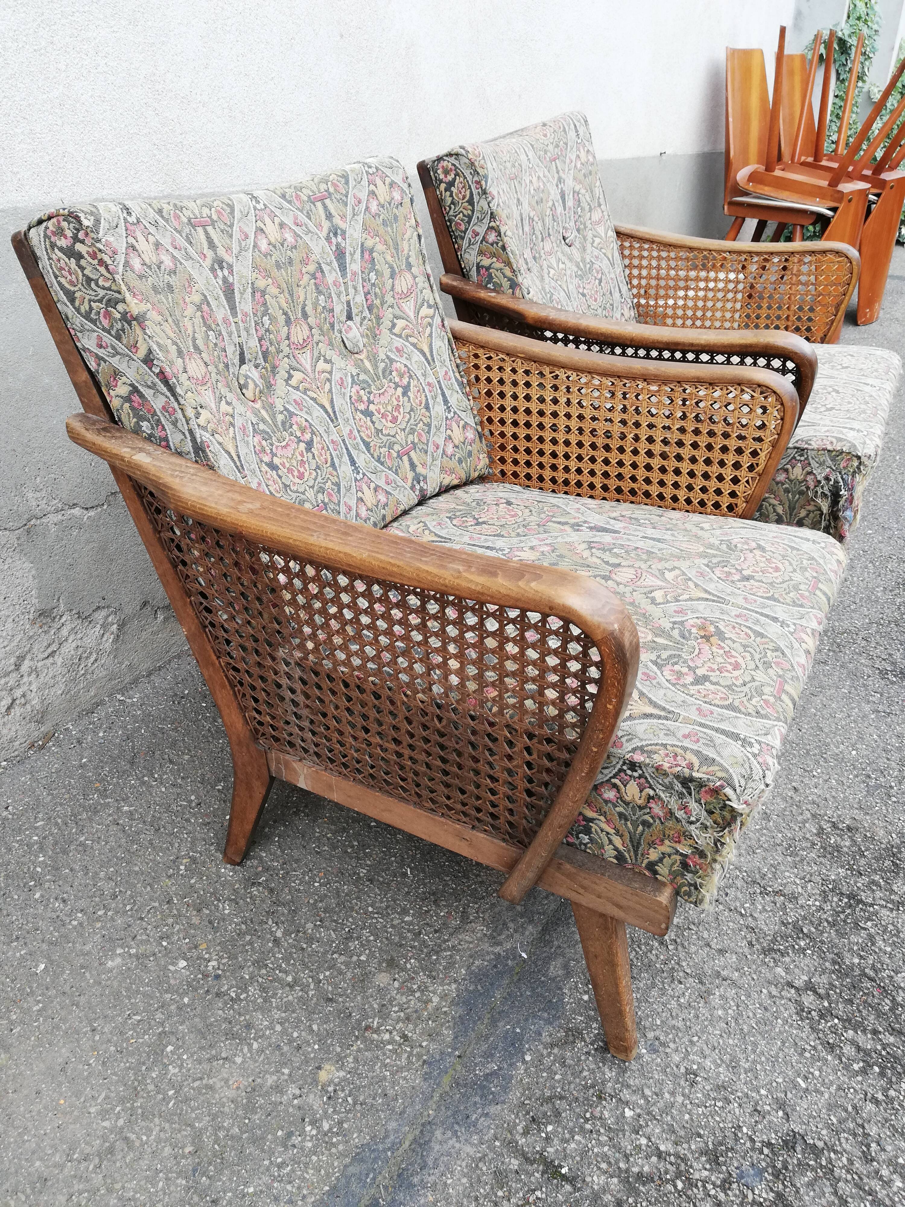 Paire de fauteuils vintage pieds compas et cannage