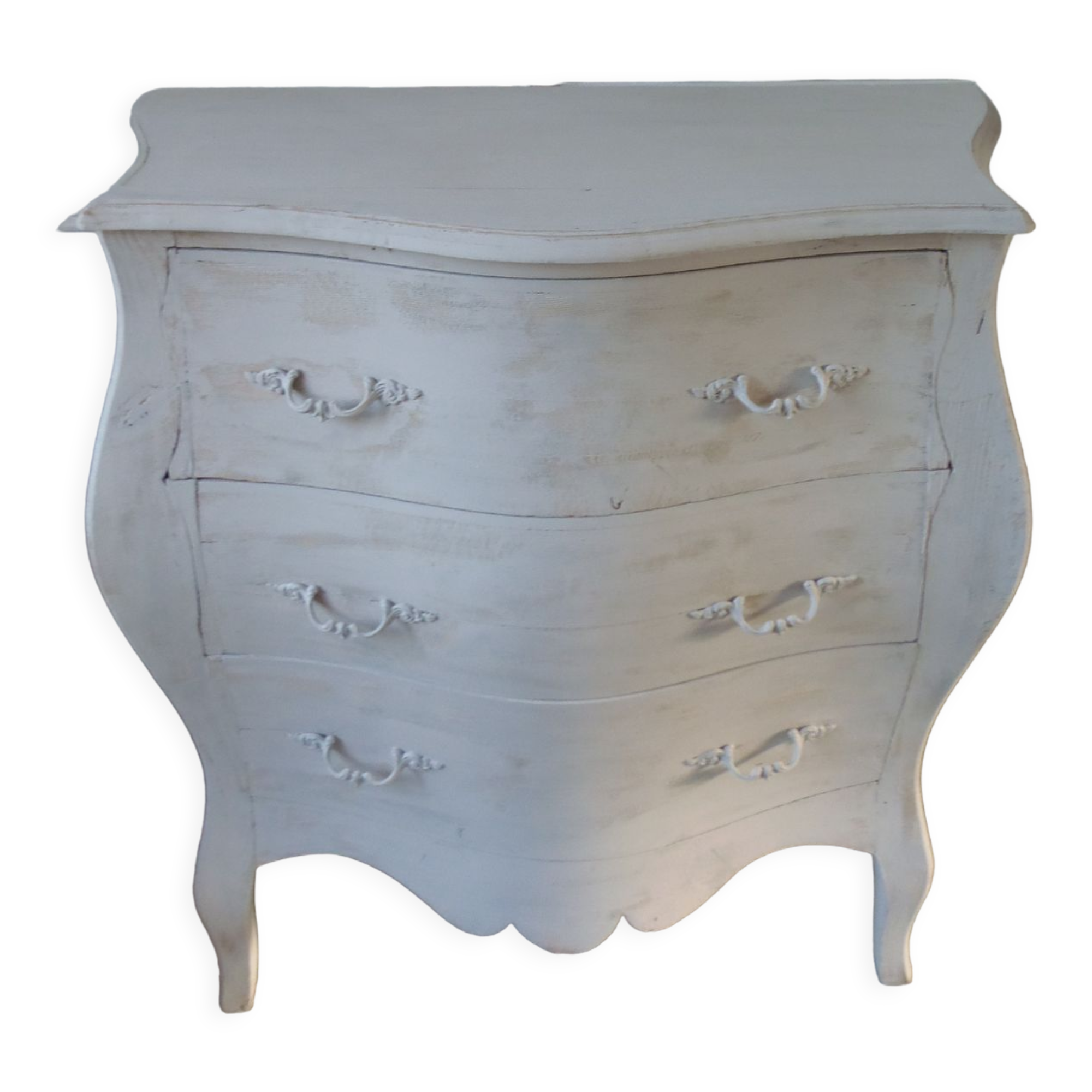 Curved patinated chest of drawers pearl grey waxed finish