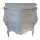 Curved patinated chest of drawers pearl grey waxed finish