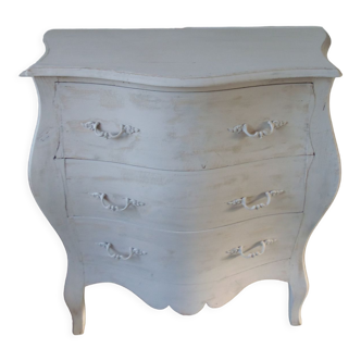 Curved patinated chest of drawers pearl grey waxed finish
