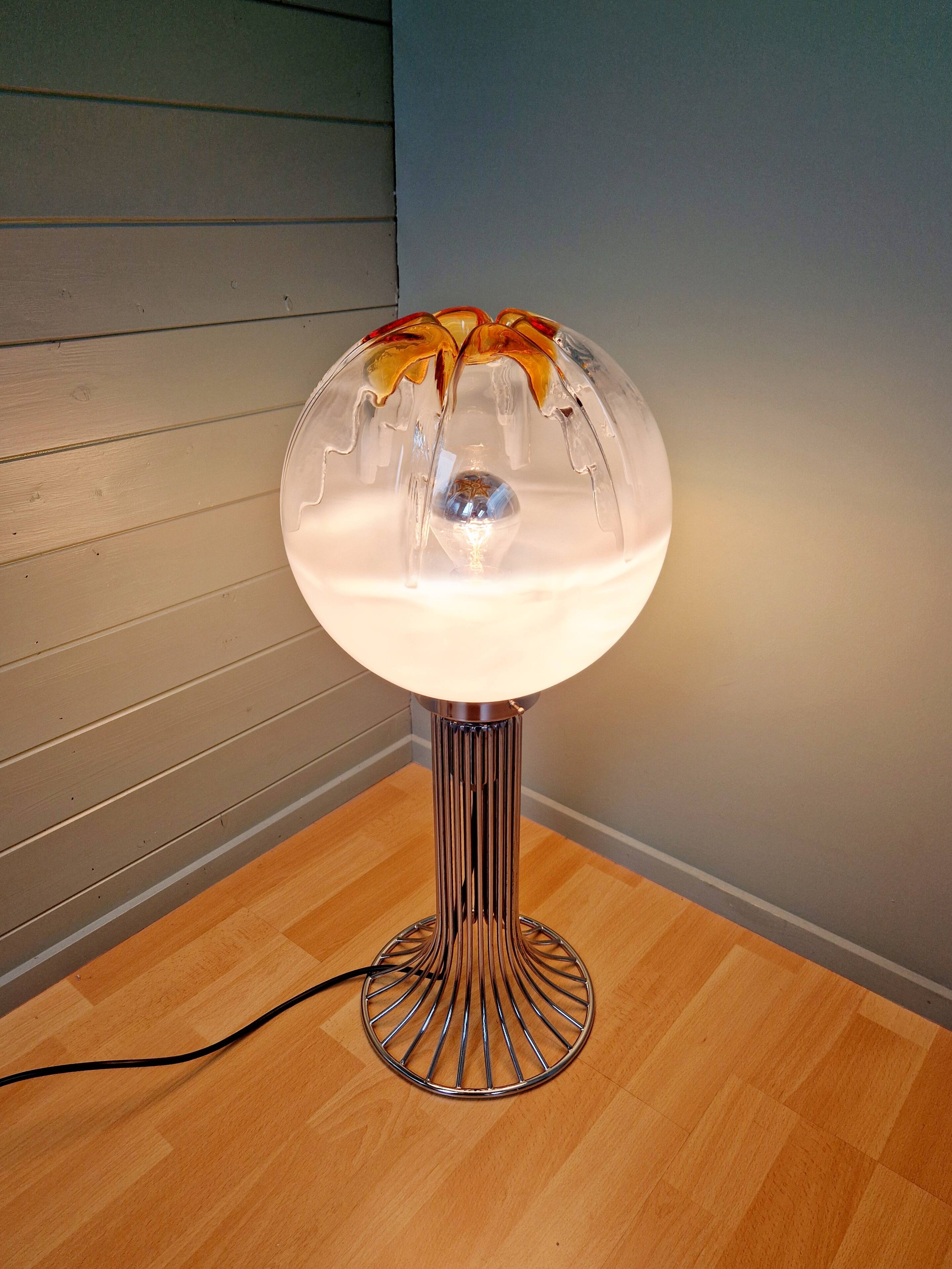 Mazzega floor lamp in chromed metal and milky glass globe, 1960s-70s