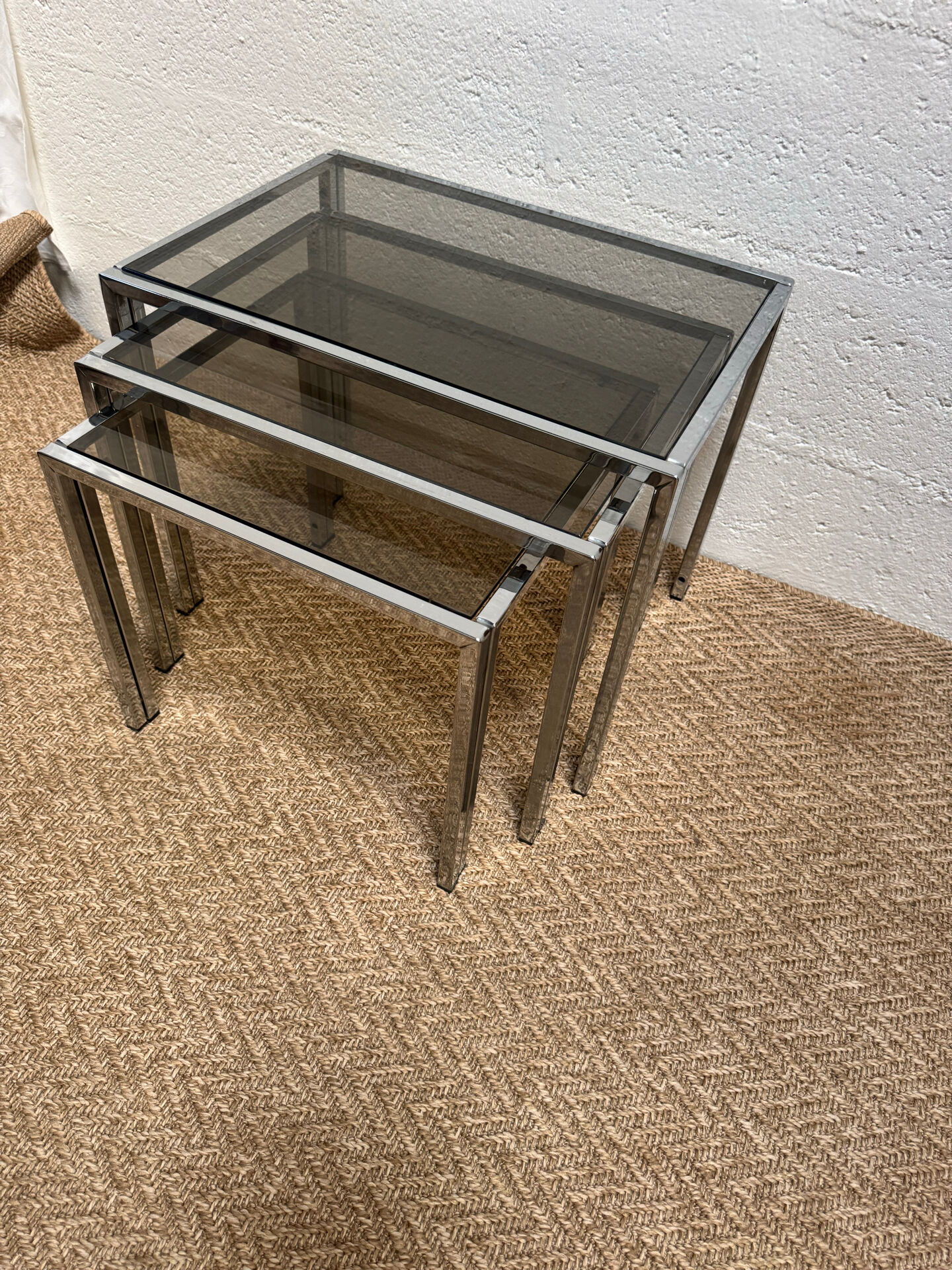 Set of 3 vintage nesting tables – Chrome metal & smoked glass