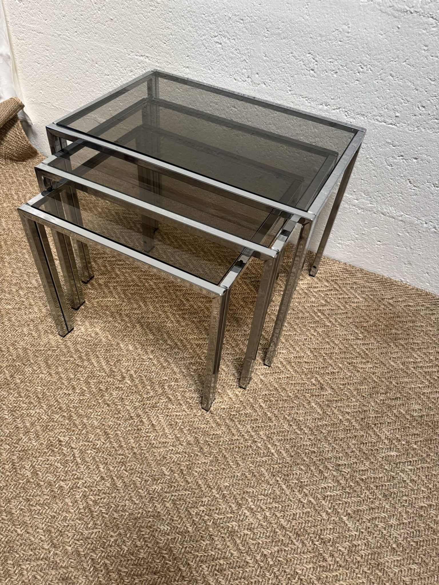 Set of 3 vintage nesting tables – Chrome metal & smoked glass