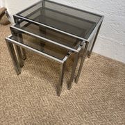 Set of 3 vintage nesting tables – Chrome metal & smoked glass