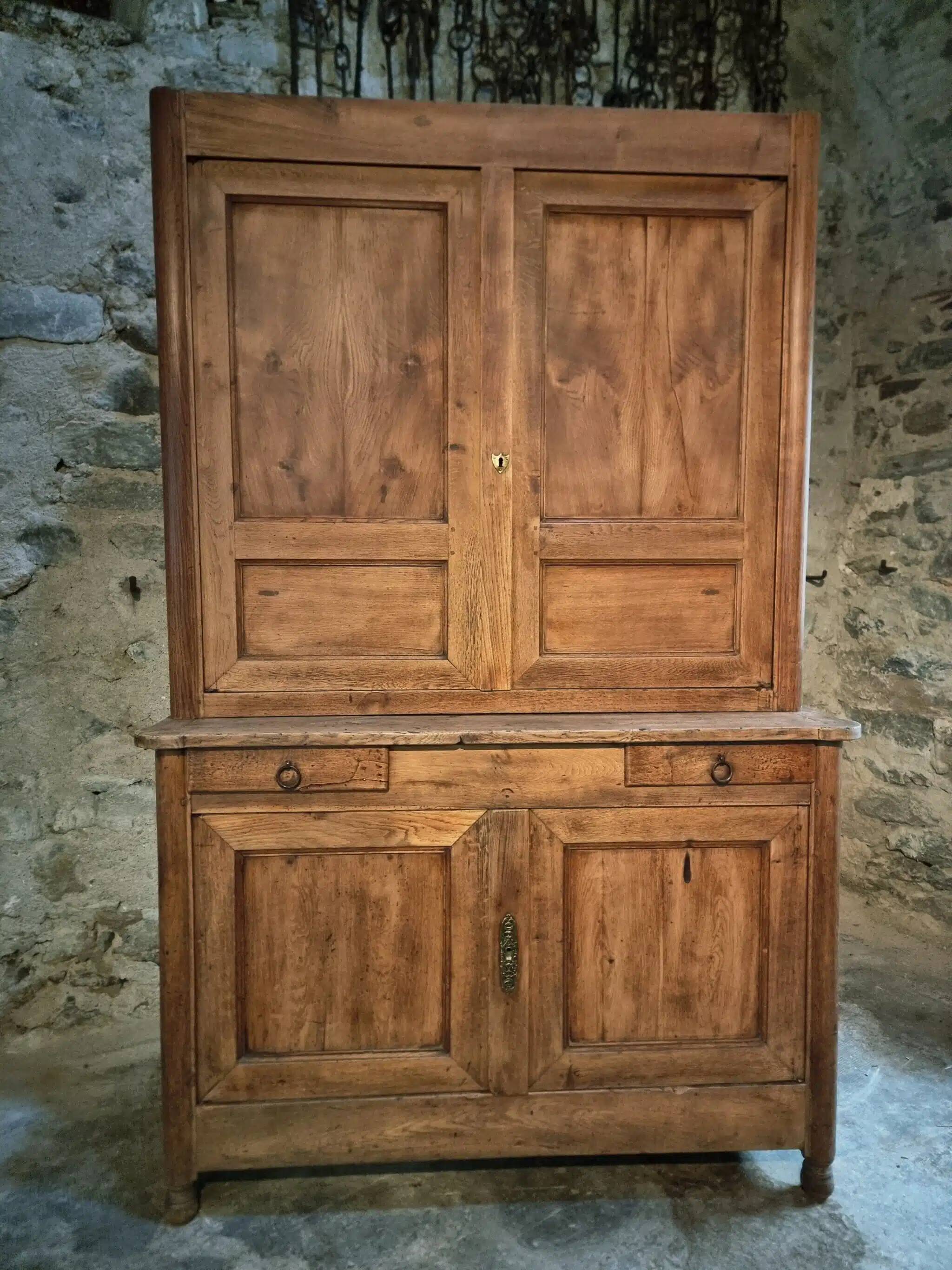 Antique French oak sideboard – Two-part display cabinet with drawers and four doors