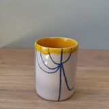 Handmade ceramic coffee cup blue yellow line