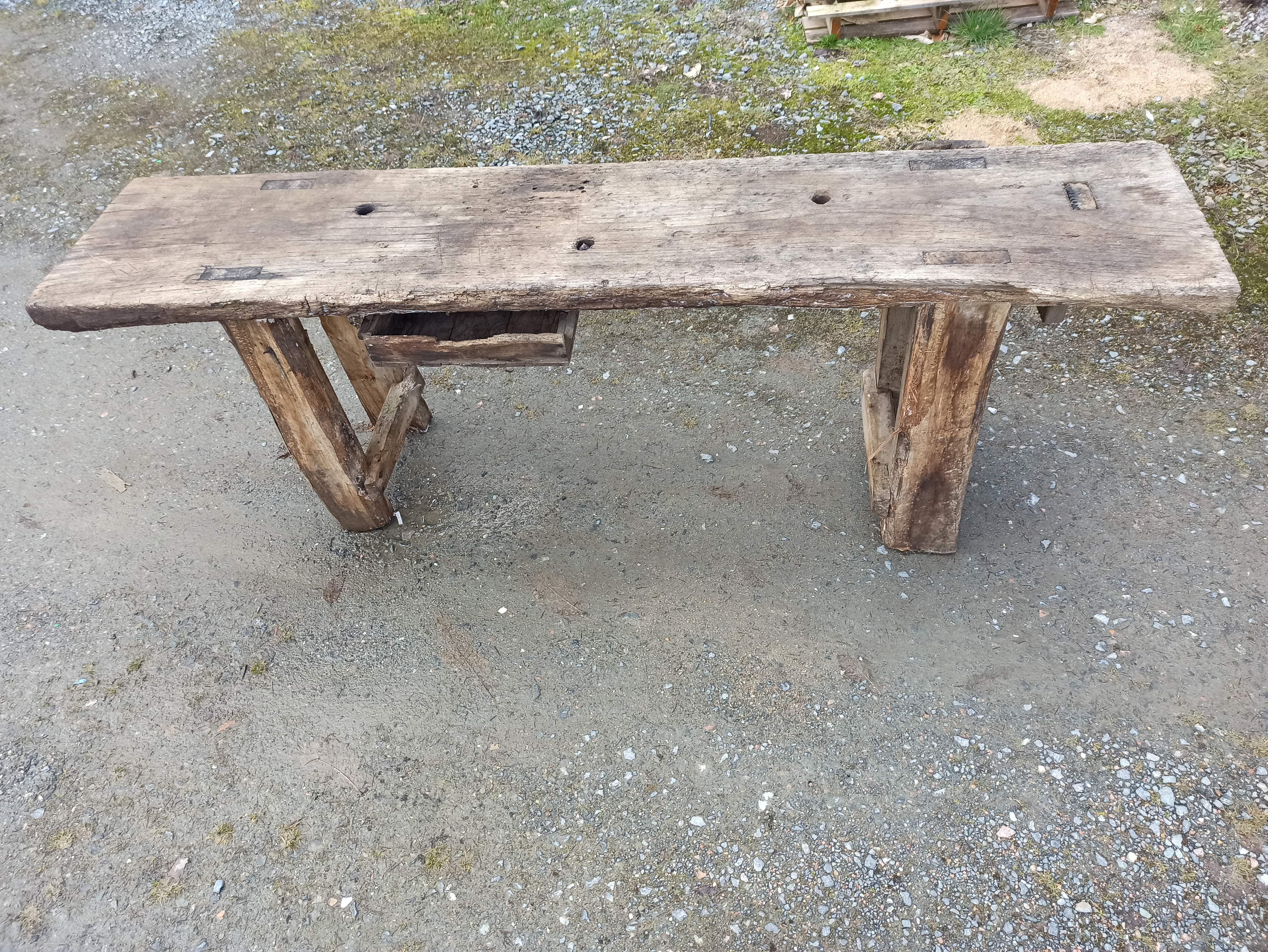 Old wooden workbench furniture by trade with vice
