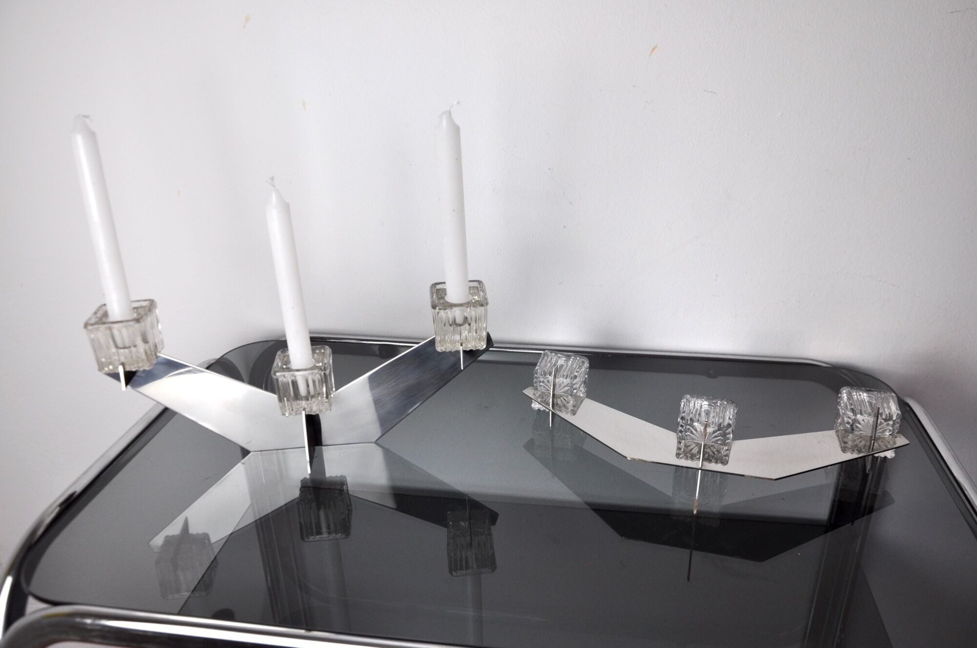 Pair of Peill & Putzler candlesticks, glass and metal, Germany, 1970