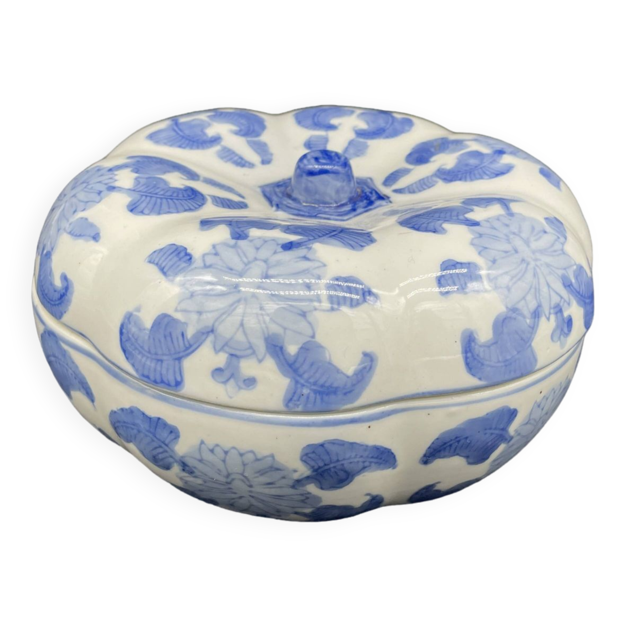 Chinese covered pot, box, jewelry box, pumpkin, white porcelain, China blue plant decor