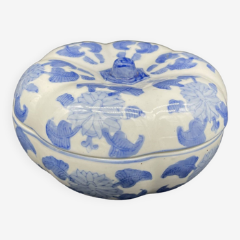 Pot couvert chinois, boîte, boîte à bijoux, citrouille, porcelaine blanche, décor végétal bleu Chine
