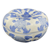 Pot couvert chinois, boîte, boîte à bijoux, citrouille, porcelaine blanche, décor végétal bleu Chine