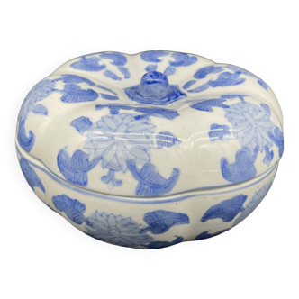 Pot couvert chinois, boîte, boîte à bijoux, citrouille, porcelaine blanche, décor végétal bleu Chine