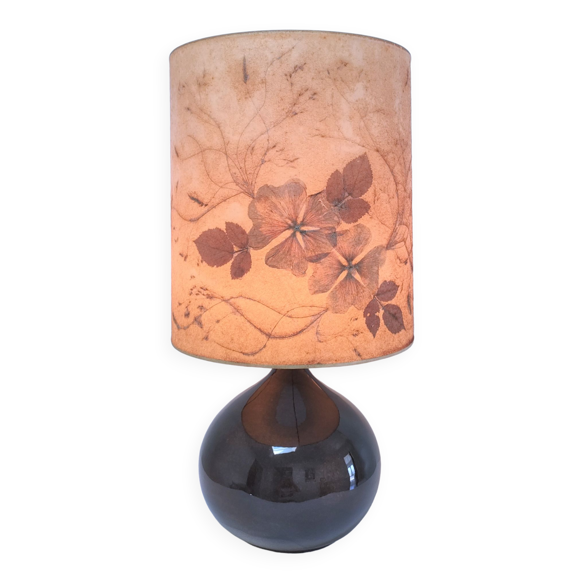 Lampe céramique signée abat-jour herbier hauteur 59 cm