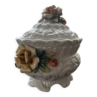 Capodimonte-style porcelain lidded sugar bowl with floral relief