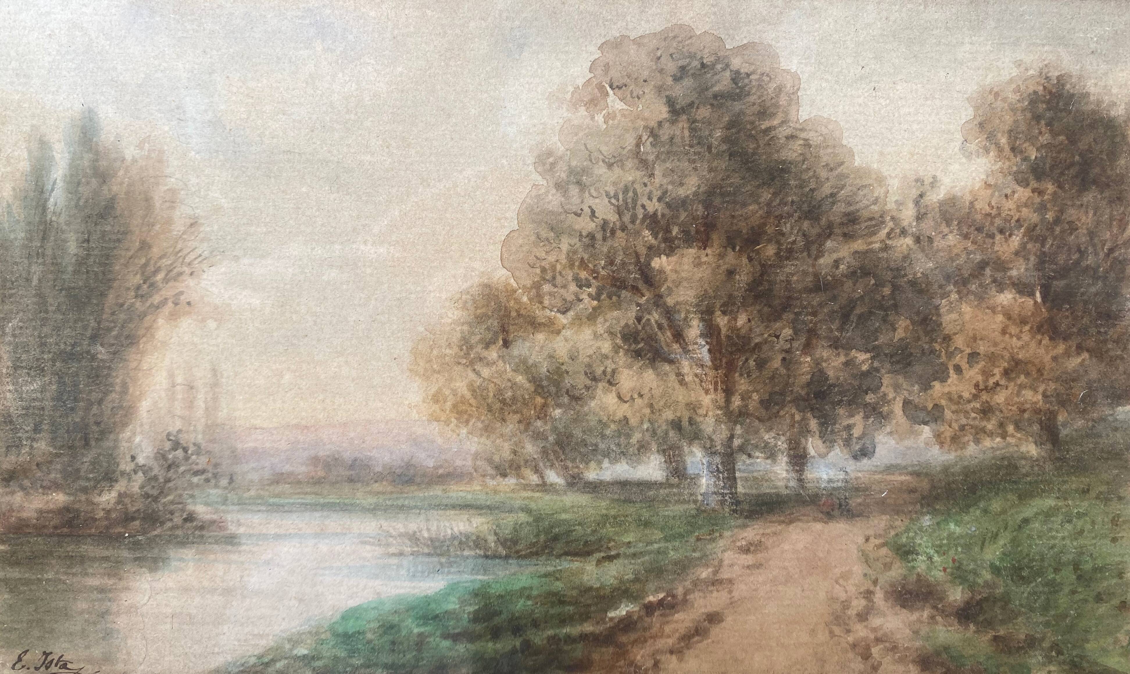 Watercolor "Path to the river" signed Ernest Ista (XIX °) + pitchpin frame