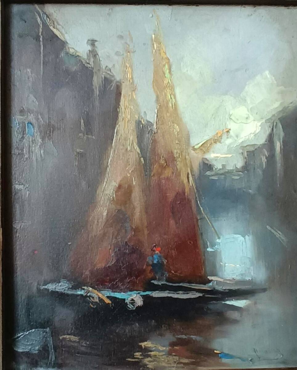 Old oil painting on panel, late 19th century - Boats - signed - Antique frame