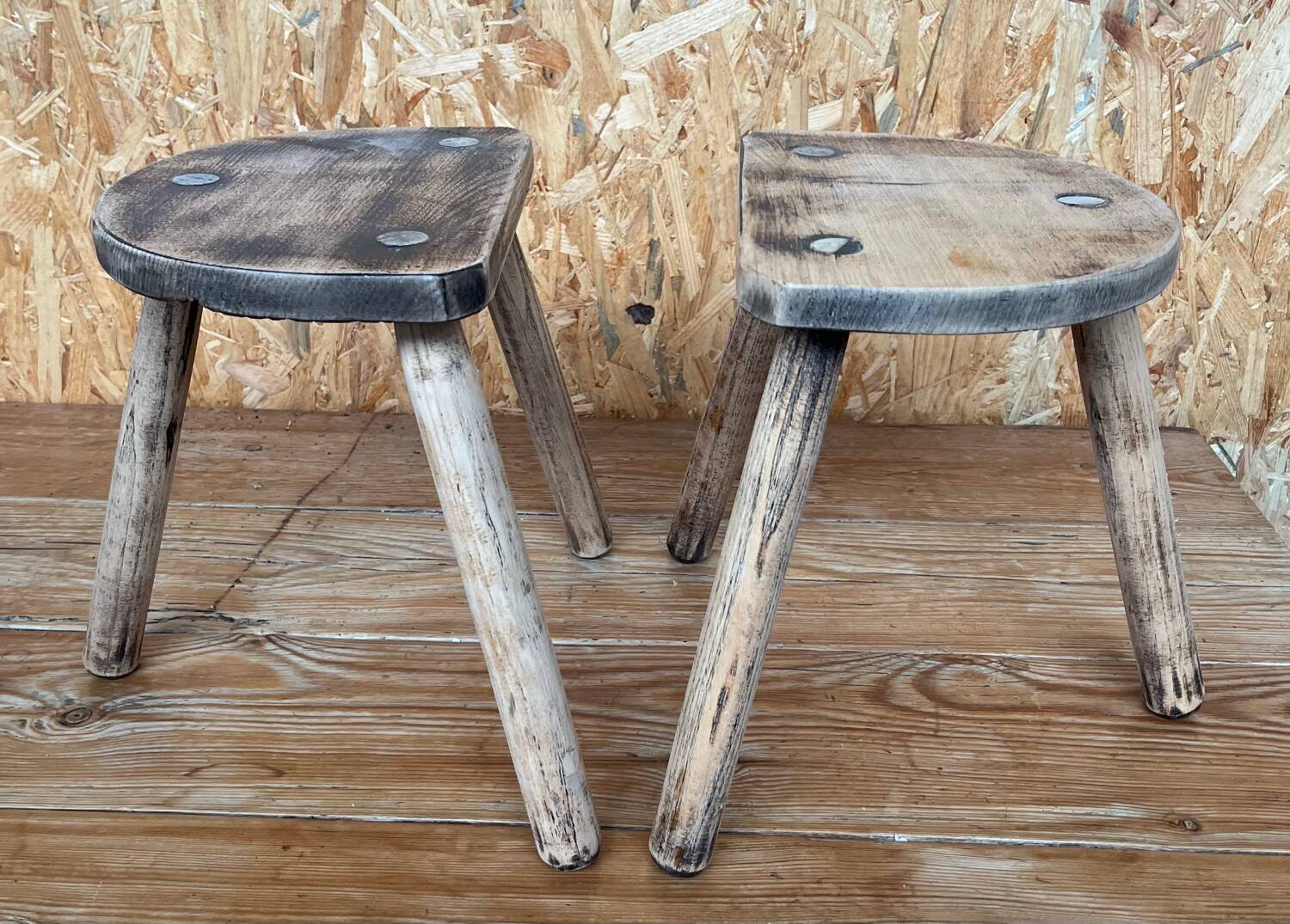 Pair of wooden tripod stools
