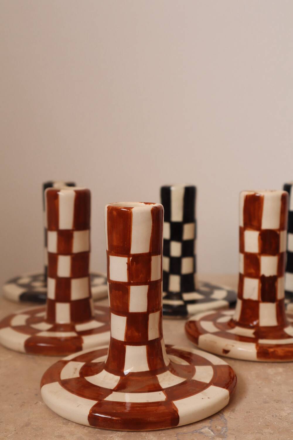 Handmade Brown Checkered Candlestick Holder