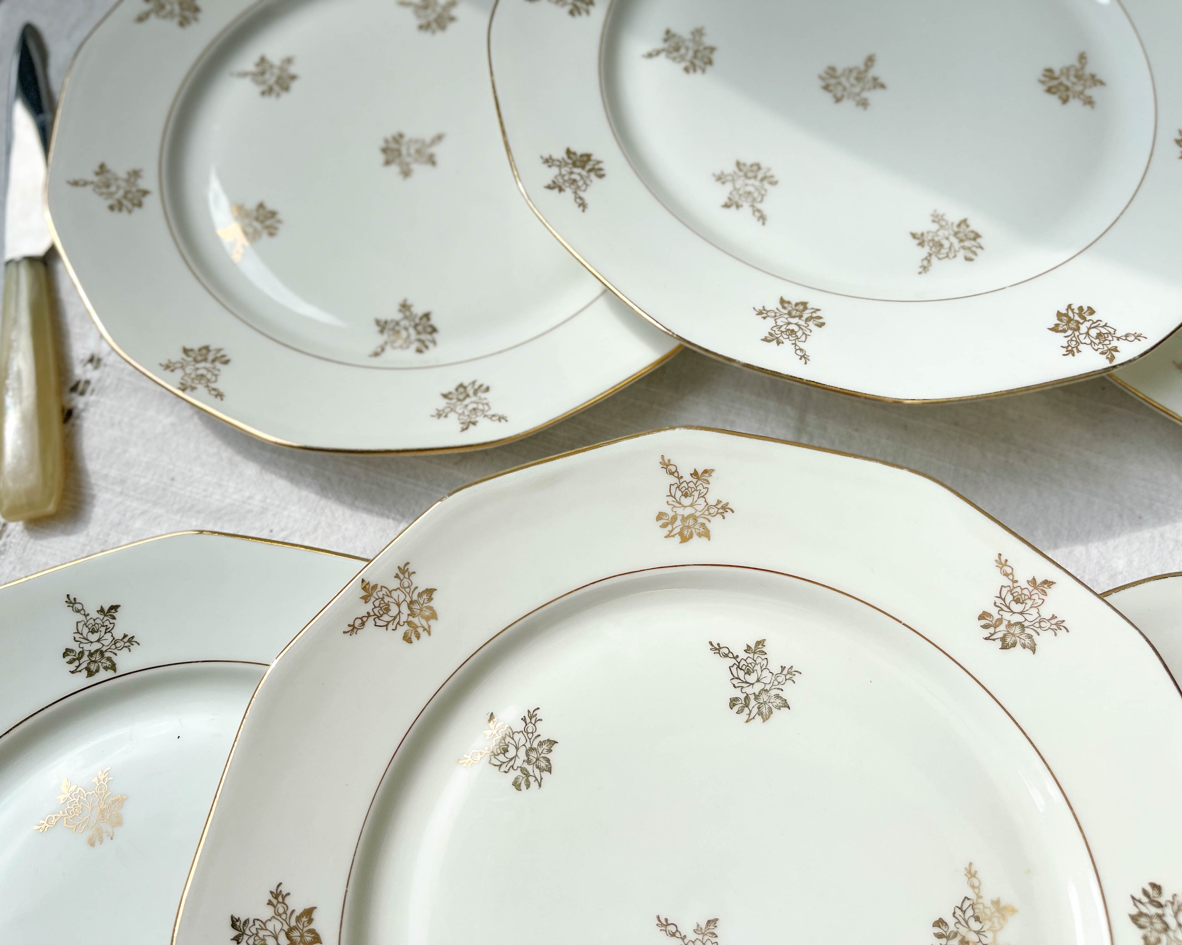 6 Flat plates porcelain white flowers golden Limoges Mehun