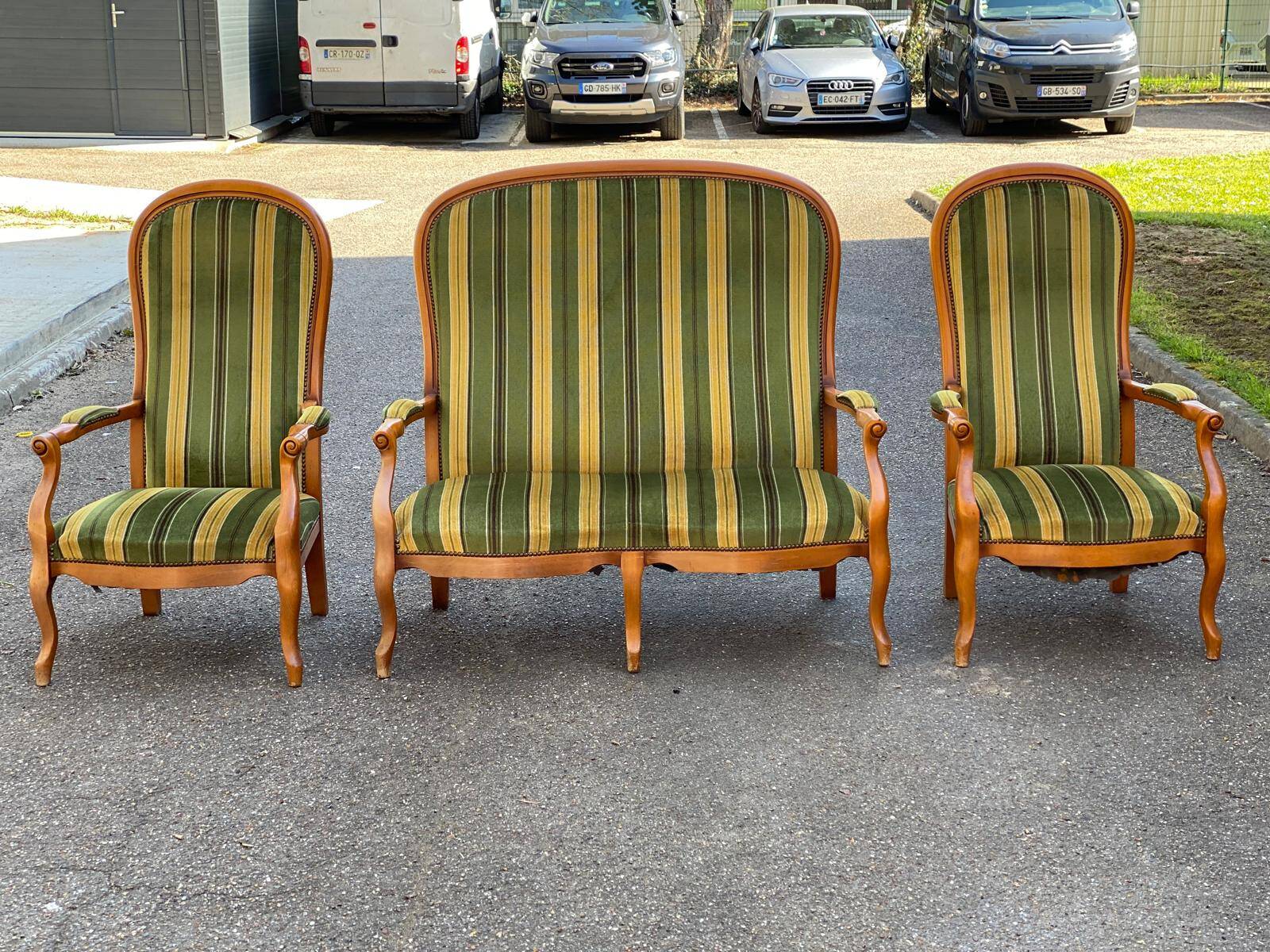 Voltaire Louis XV style living room set in green and yellow velvet with stripes