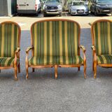 Voltaire Louis XV style living room set in green and yellow velvet with stripes