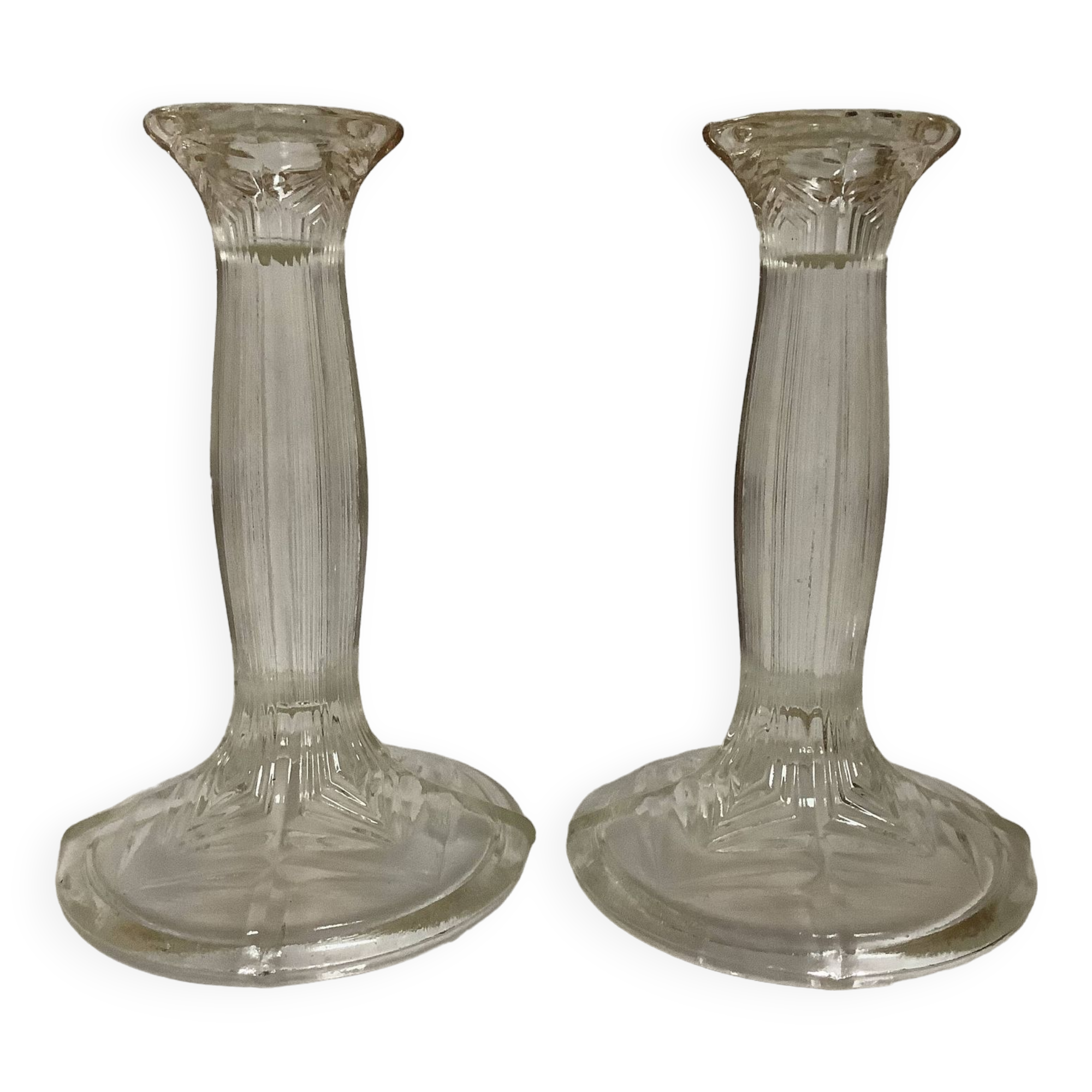 Pair of geometric art deco molded glass candlesticks