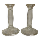 Pair of geometric art deco molded glass candlesticks