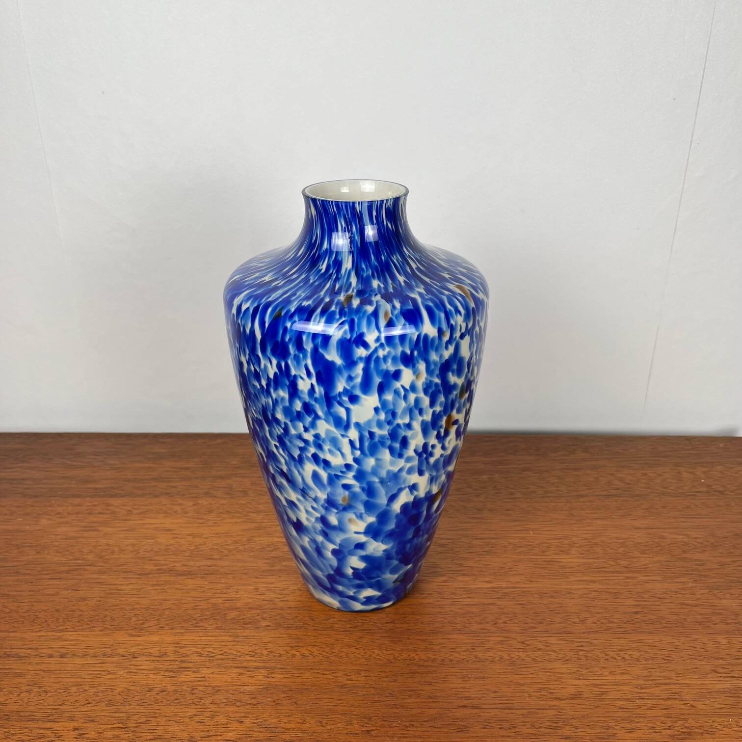 Blown glass vase with cobalt blue and white speckled effect, double walls