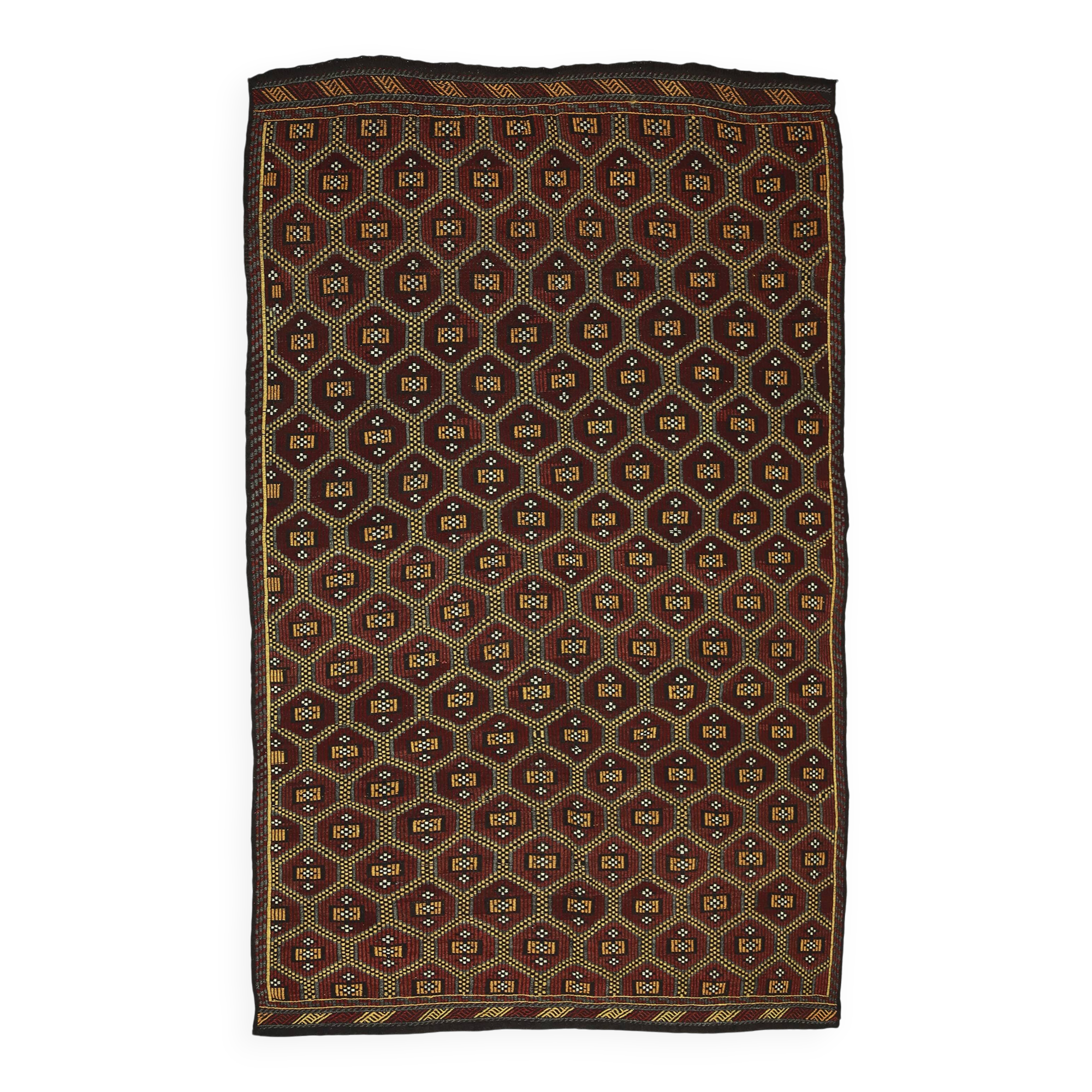 Turkish Kilim Yoruk Vintage 177x294 cm Geometric Brown and Yellow