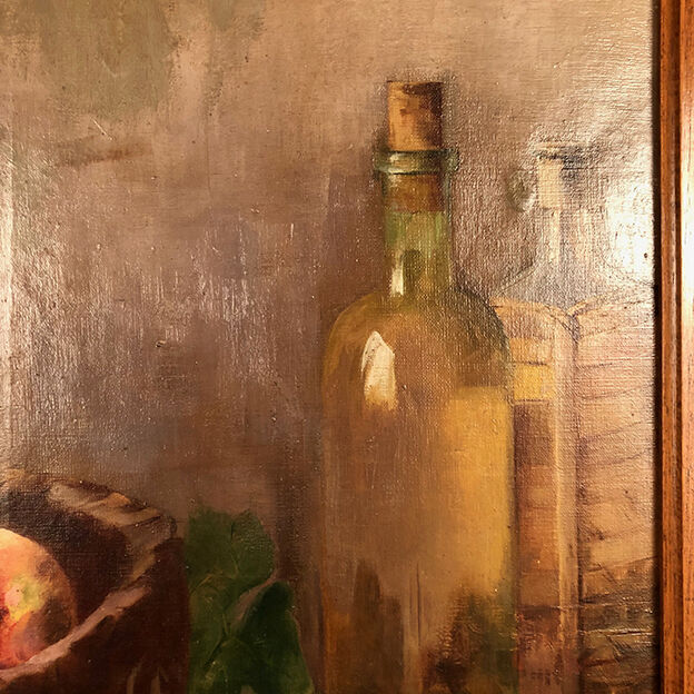 Trumeau in varnished wood, oil on canvas in the upper part, still life early twentieth century
