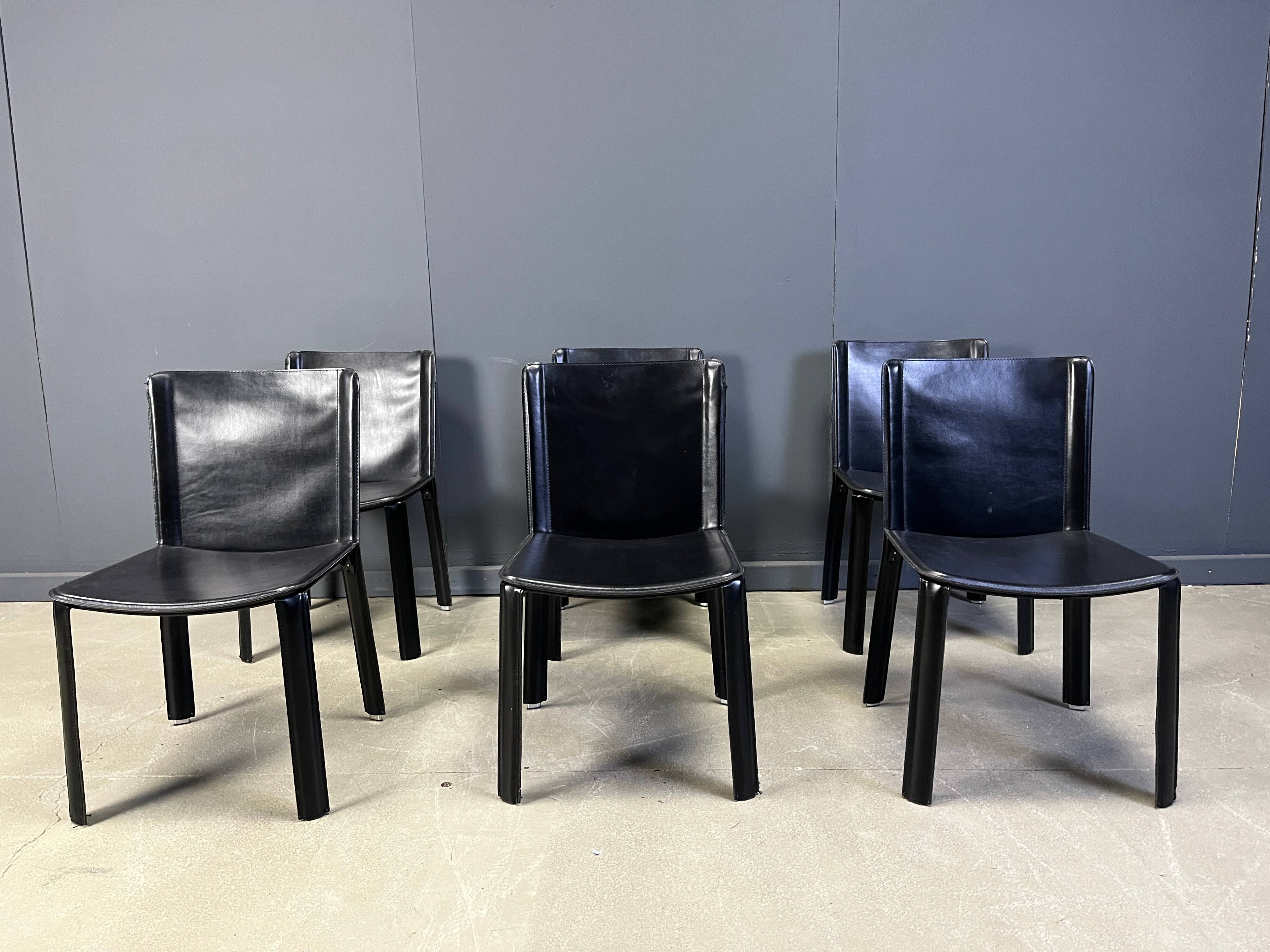 Vintage black leather dining chairs by Cidue, set of 6 - 1980s