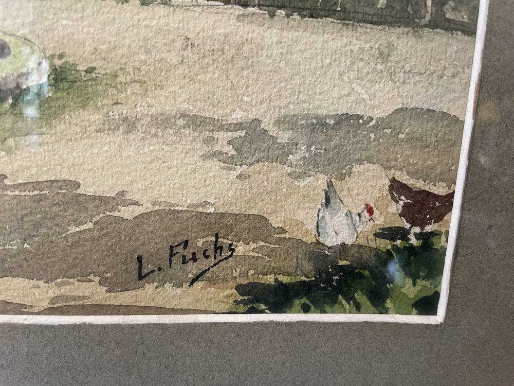 WATERCOLOR ALSACIAN FARMYARD LUCIEN FUCHS
