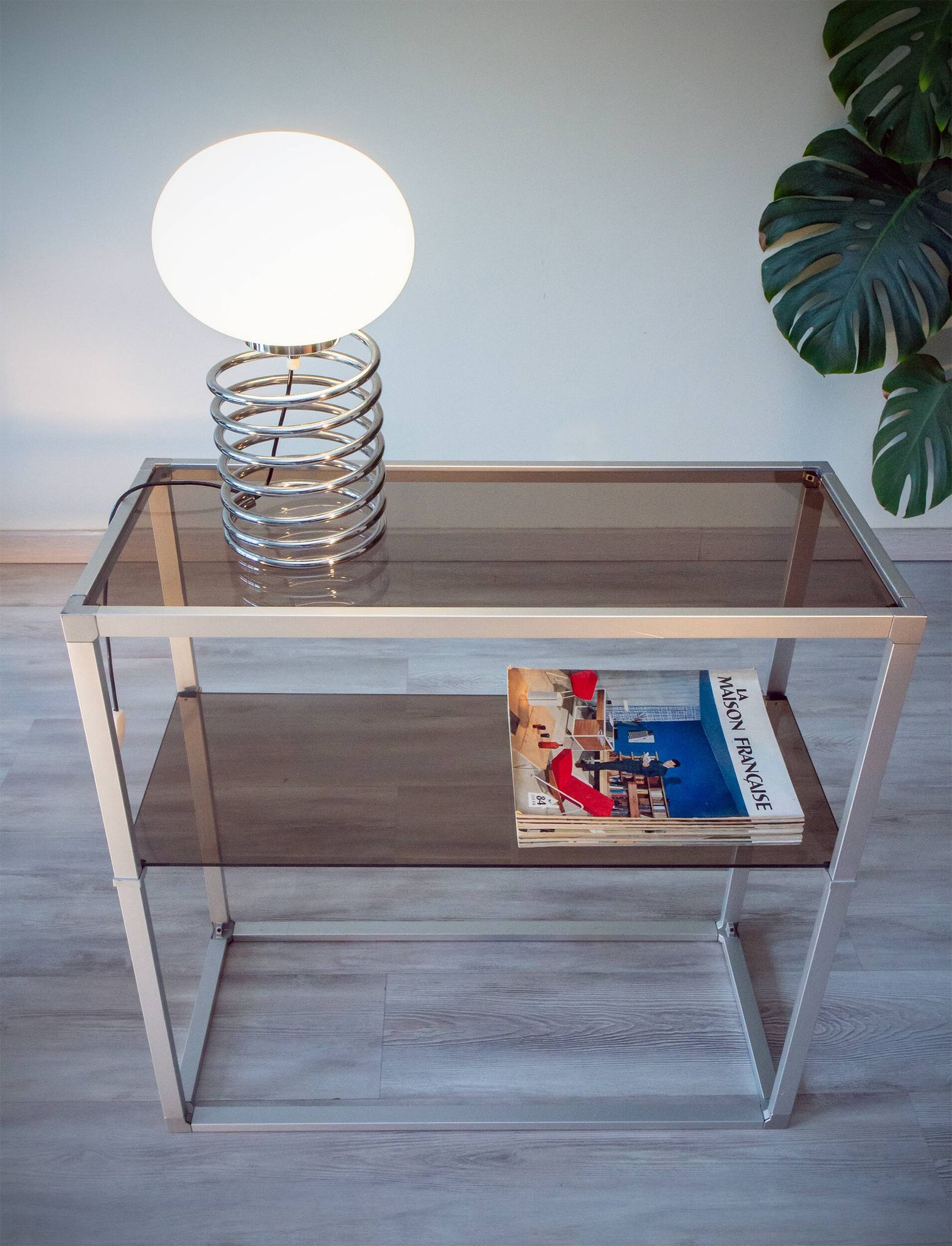 Console/étagère aluminium et verre fumé 1970-80