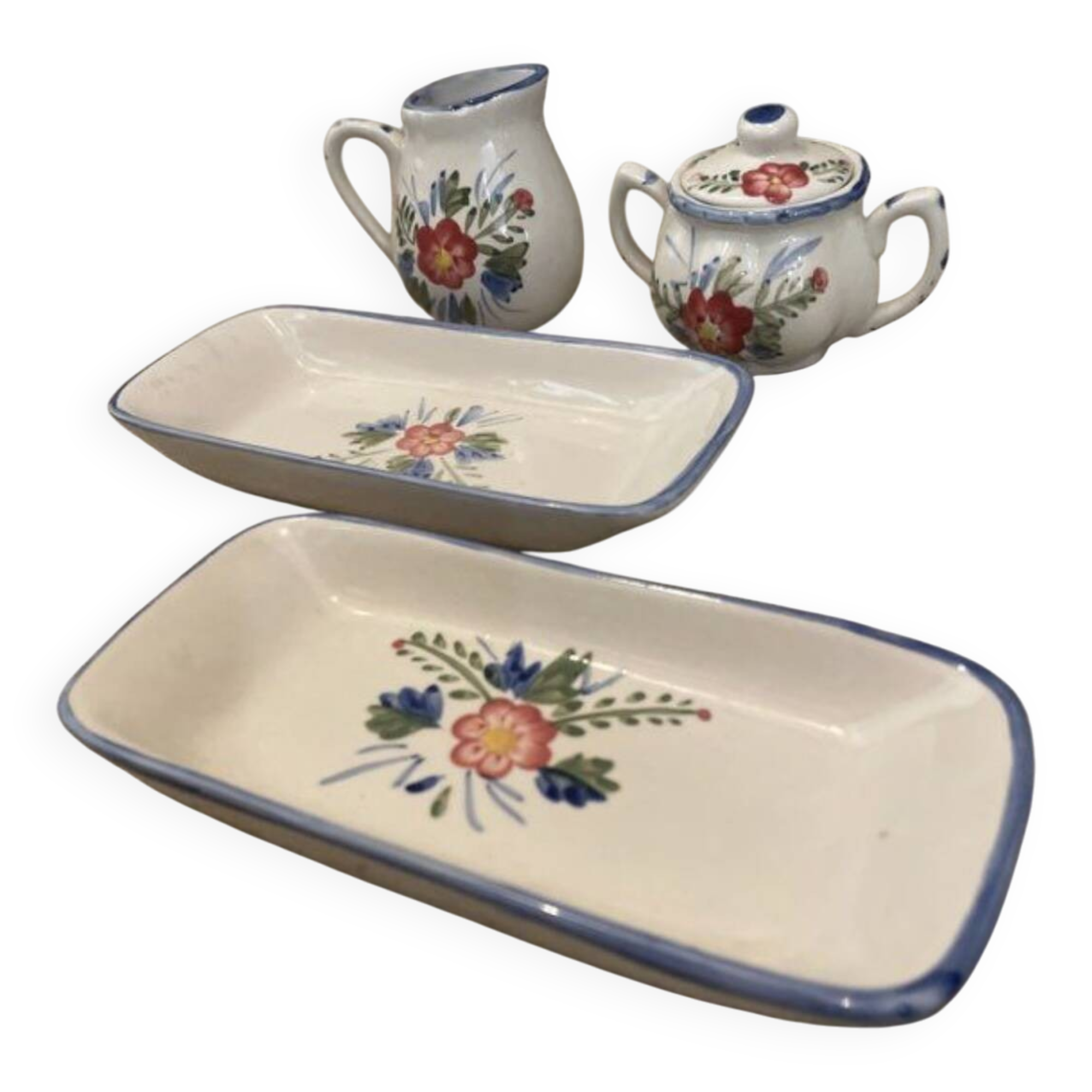 Lunch set - milk jug, sugar bowl and two dishes - vintage earthenware