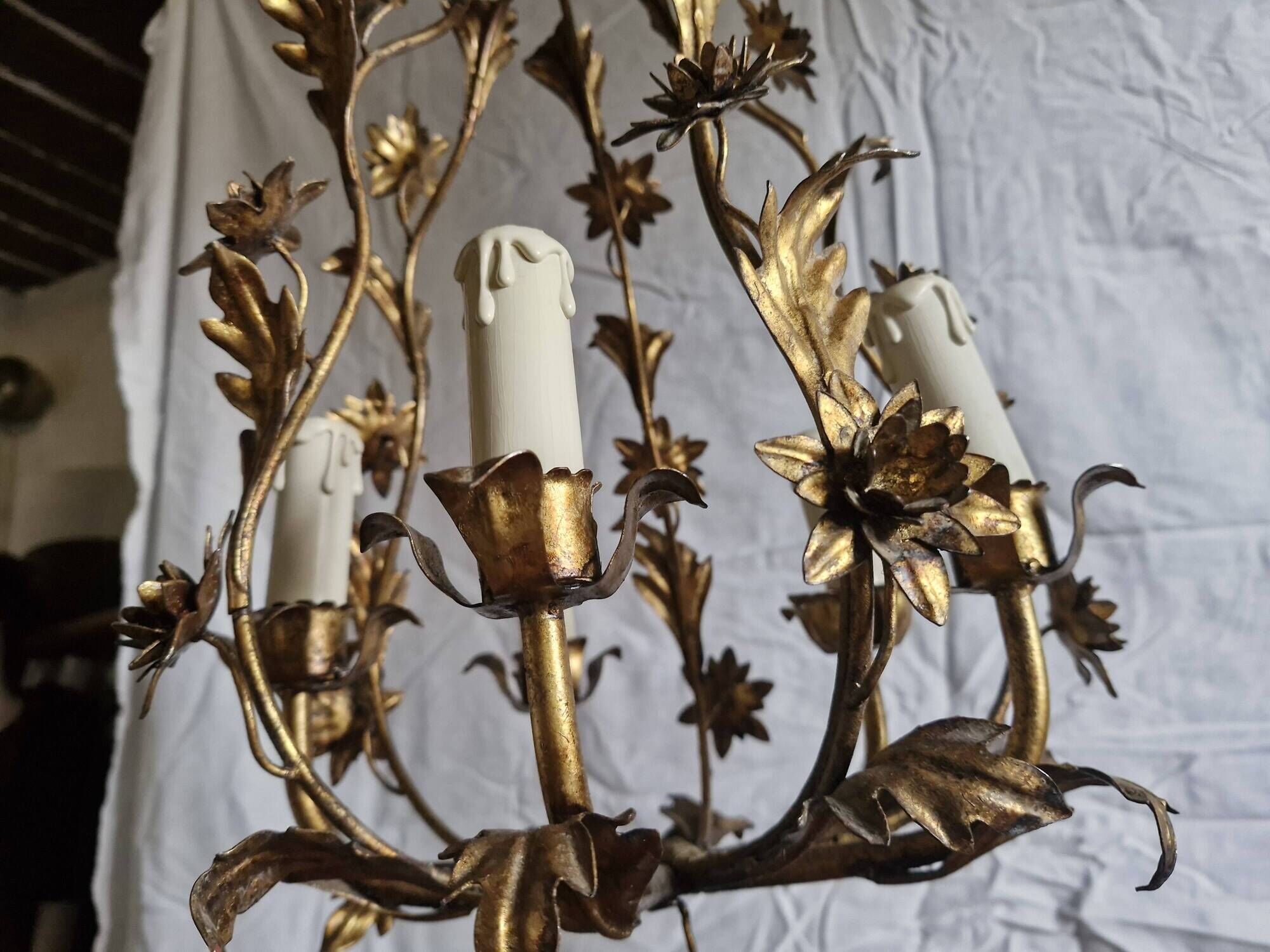 Rare suspension / antique chandelier with 5 lights - Flowers & Foliage in gilded metal