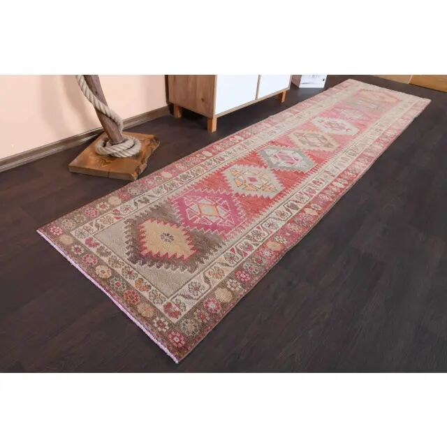 1970s Vintage Turkish Hand-Knotted Wool Cotton Red Runner Rug 82x334