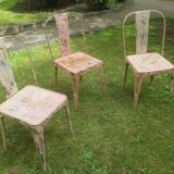 Set of 3 early 20th century patinated Tolix inspired bistro garden stacking chairs