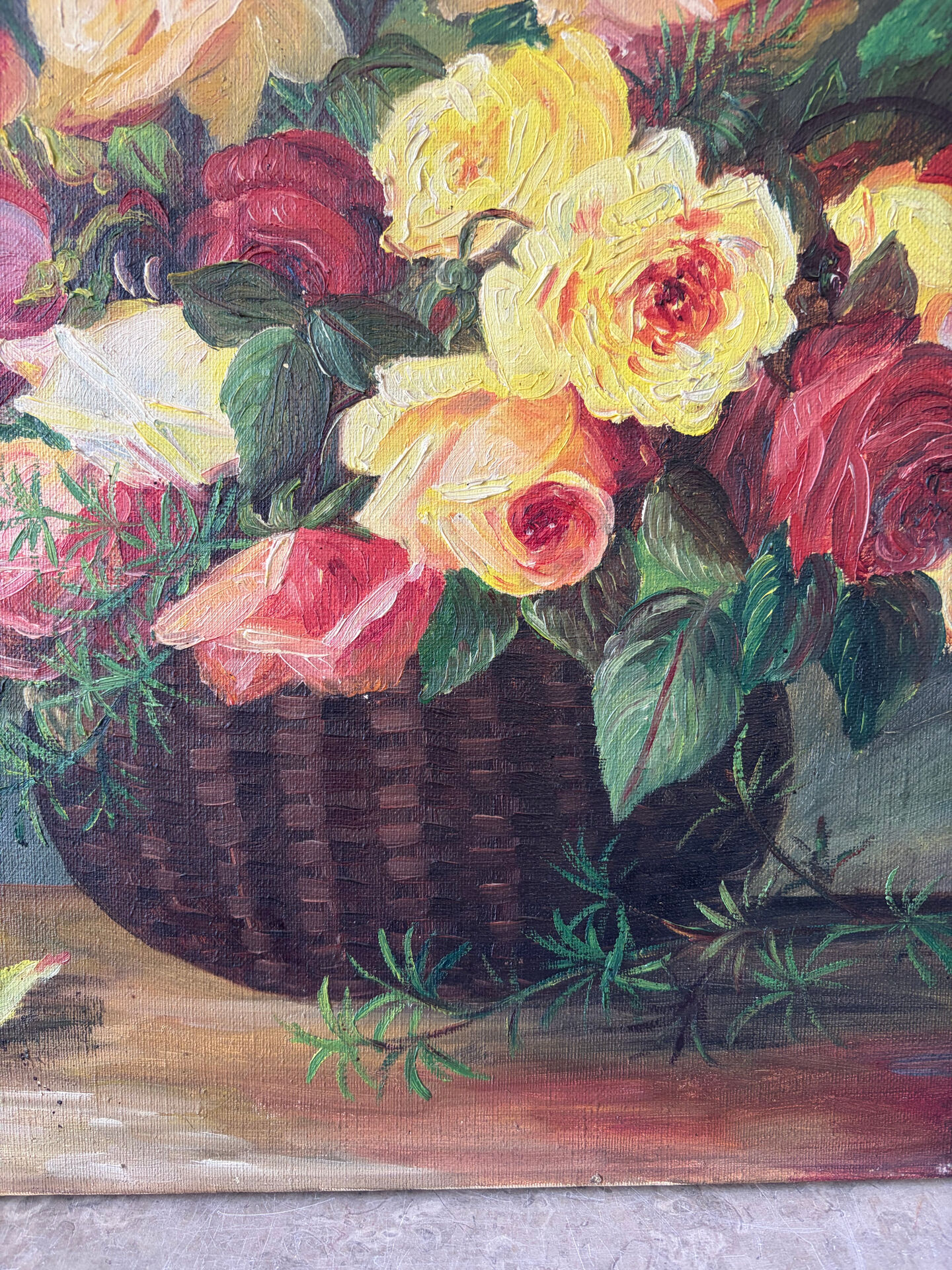 Basket of roses, oil on canvas signed