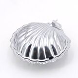 Shell-shaped butter dish in silver-plated metal and blue glass, 1960s