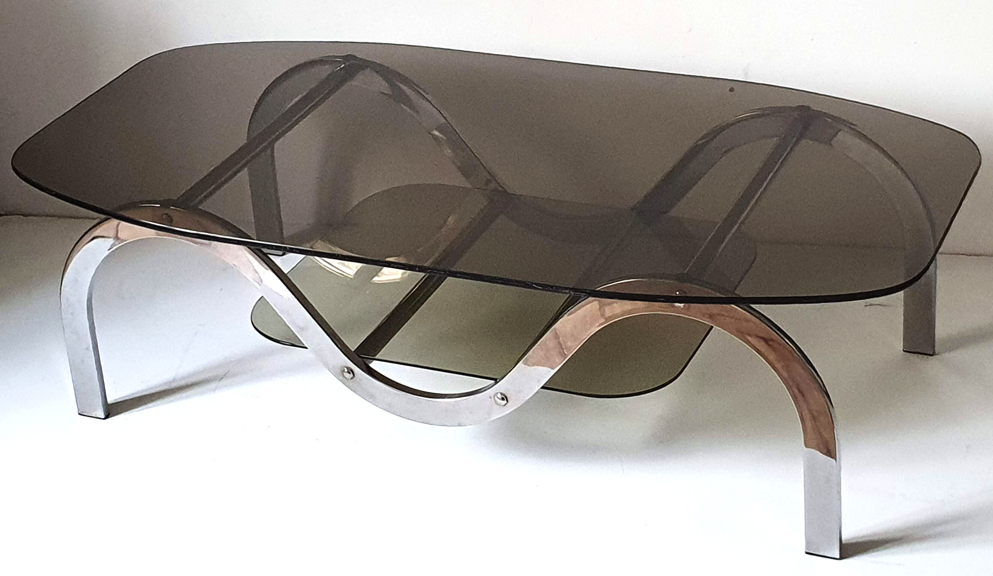 Coffee table chrome metal and smoked glass 70s