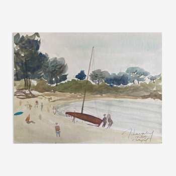 Tableau « plage de l’estagnol» (var) jean-francois devaliere (1926-2021), biface