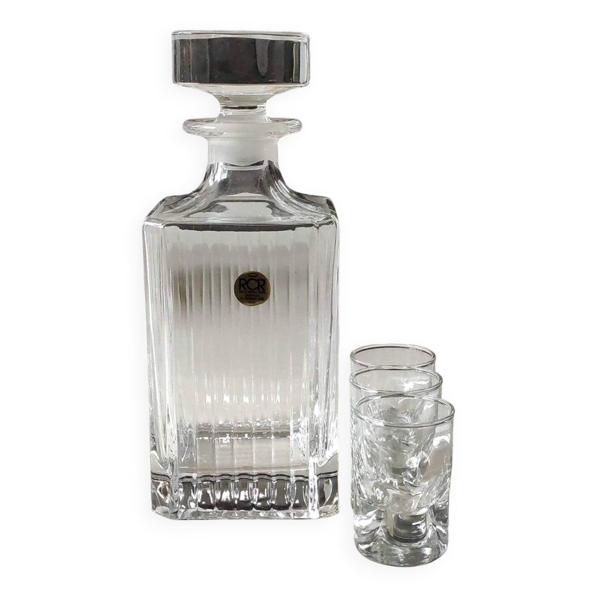 RCR/Royal Crystal Rock Square Whisky/Liqueur Decanter, Italy. Crystal. Diamond-striped/pointed patterns. Capacity 75 cl