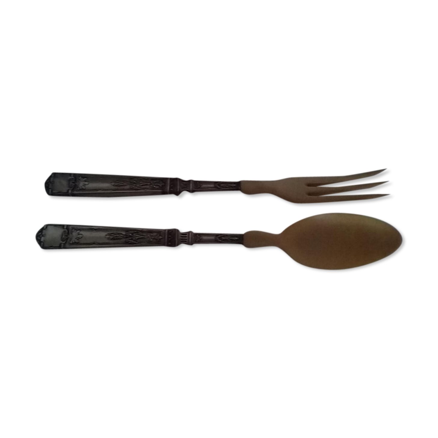 Pair of cutlery to salad horn and silver metal year 30.