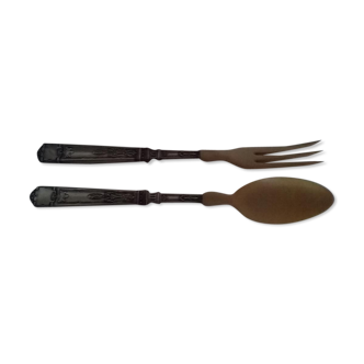 Paire de couverts à salade corne et métal argenté années 30